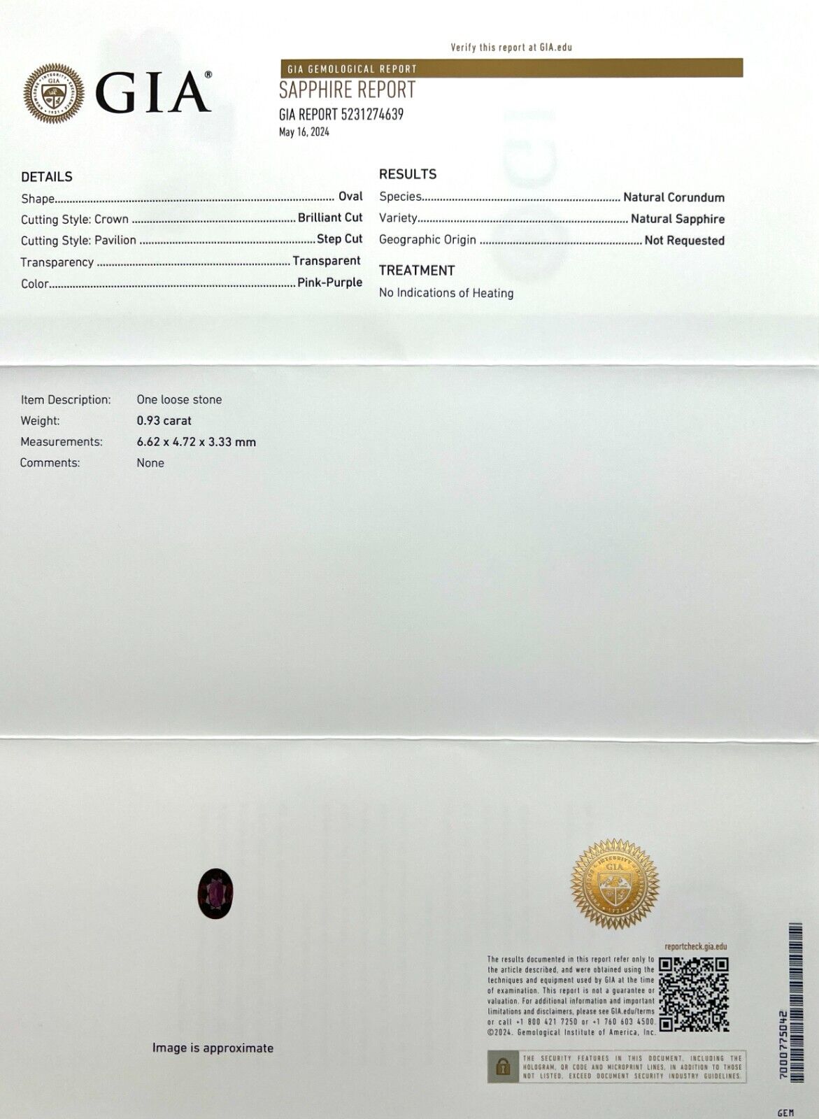 GIA CERTIFIED Pink Purple Sapphire UNTREATED 0.93ct Oval Cut Loose Gem 6.6x4.7mm