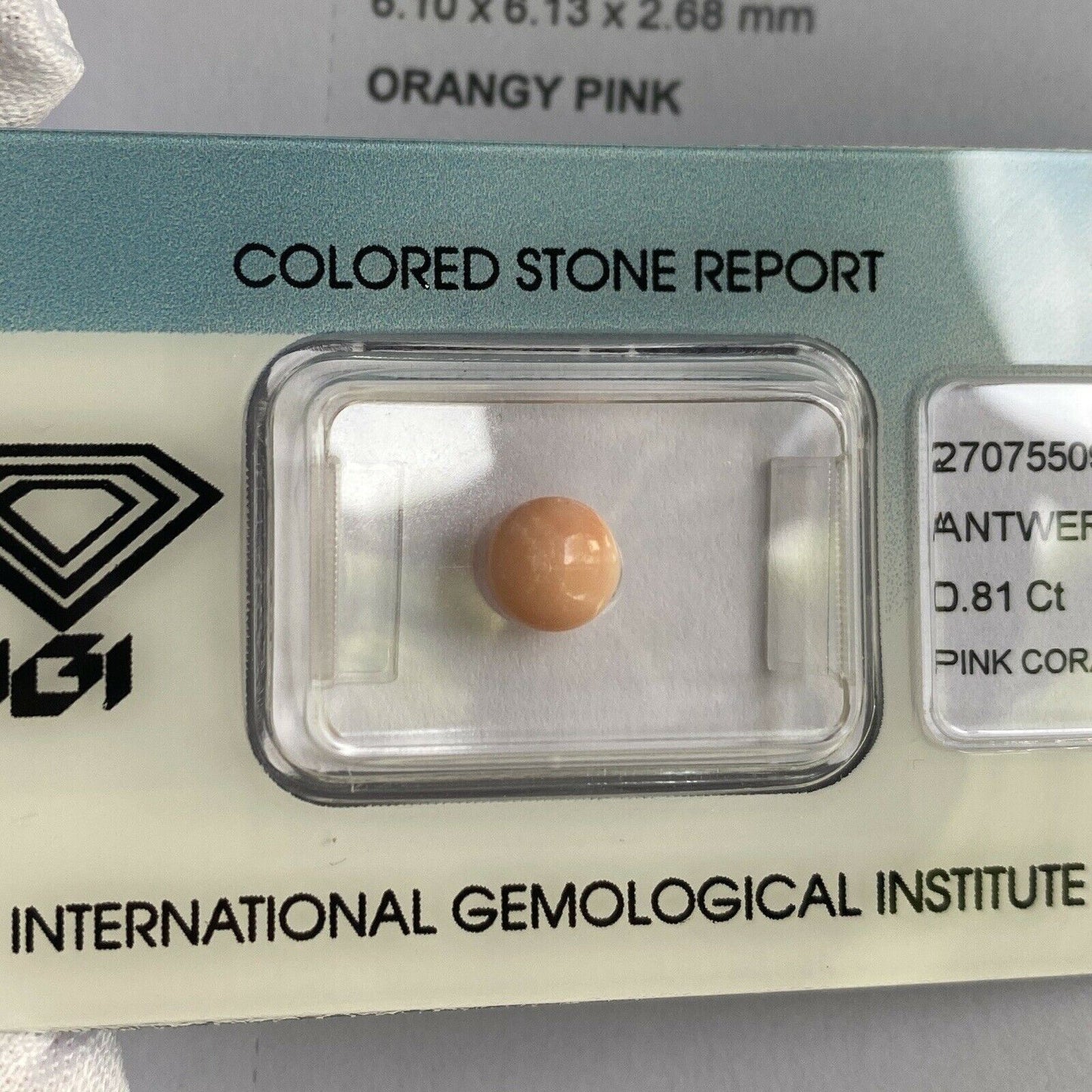 Rare NATURAL Orange Pink UNTREATED Coral 0.81ct Round Cabochon IGI Certified