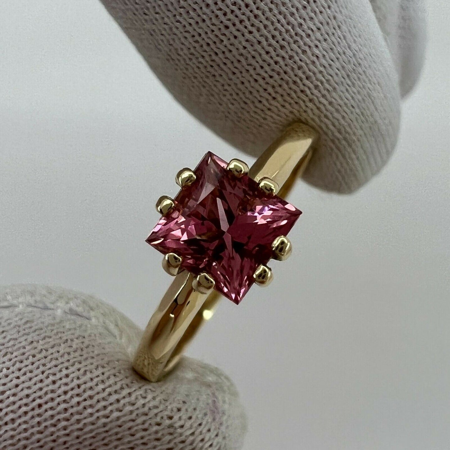 Vivid Pink Tourmaline Custom Square Princess Cut Yellow Gold Solitaire Ring
