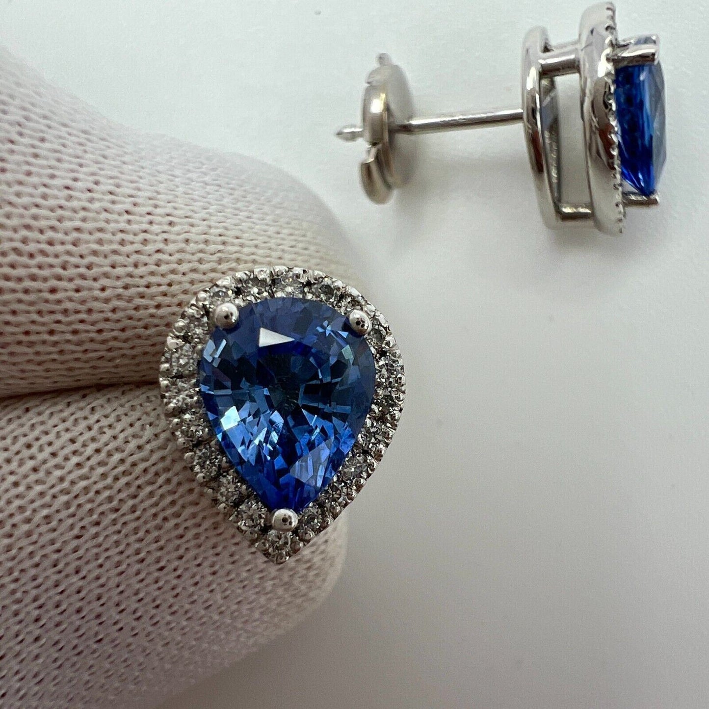 2.70ct Fine Blue Ceylon Sapphire Diamond 18k White Gold Pear Halo Stud Earrings