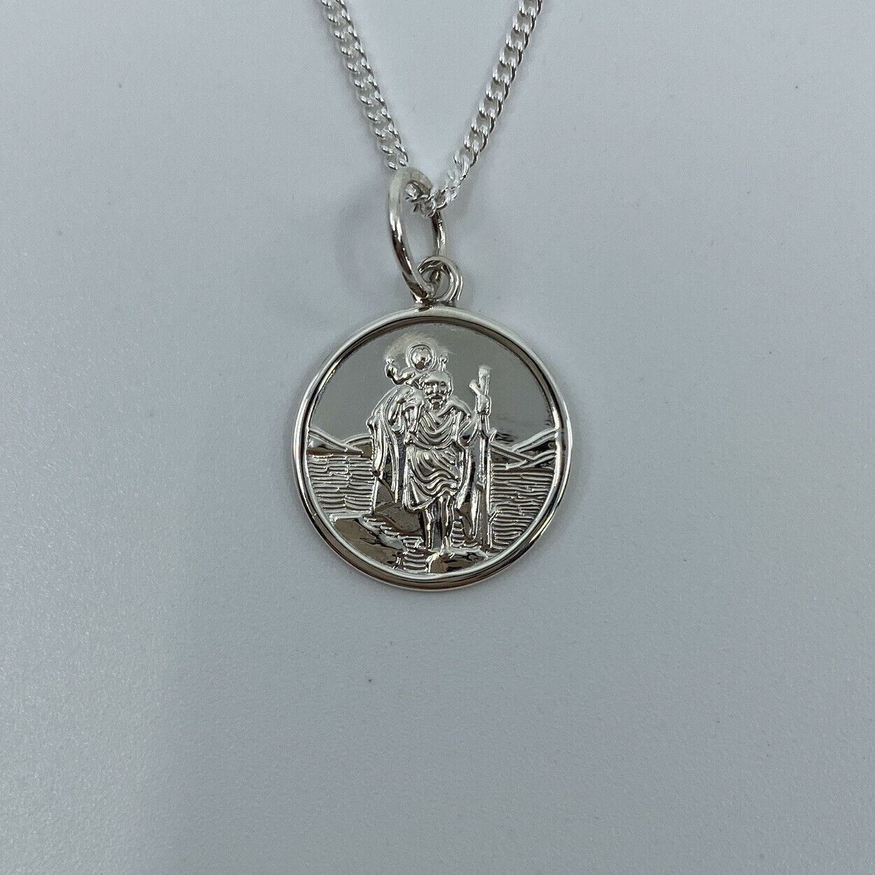 Sterling Silver St. Christopher Medium Round Pendant 16mm Curb Chain Necklace