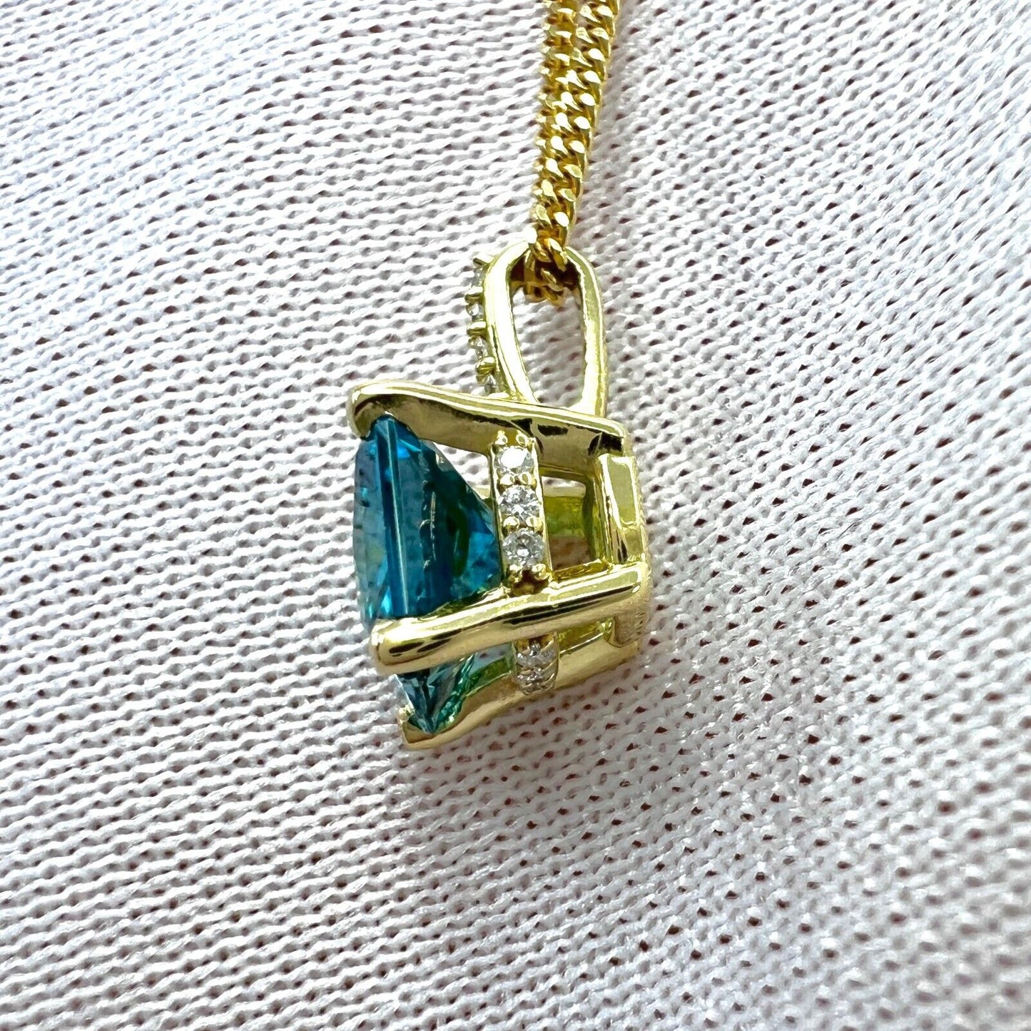 1.65ct Natural Blue Zircon Fancy Cut 18k Yellow Gold Diamond Hidden Halo Pendant