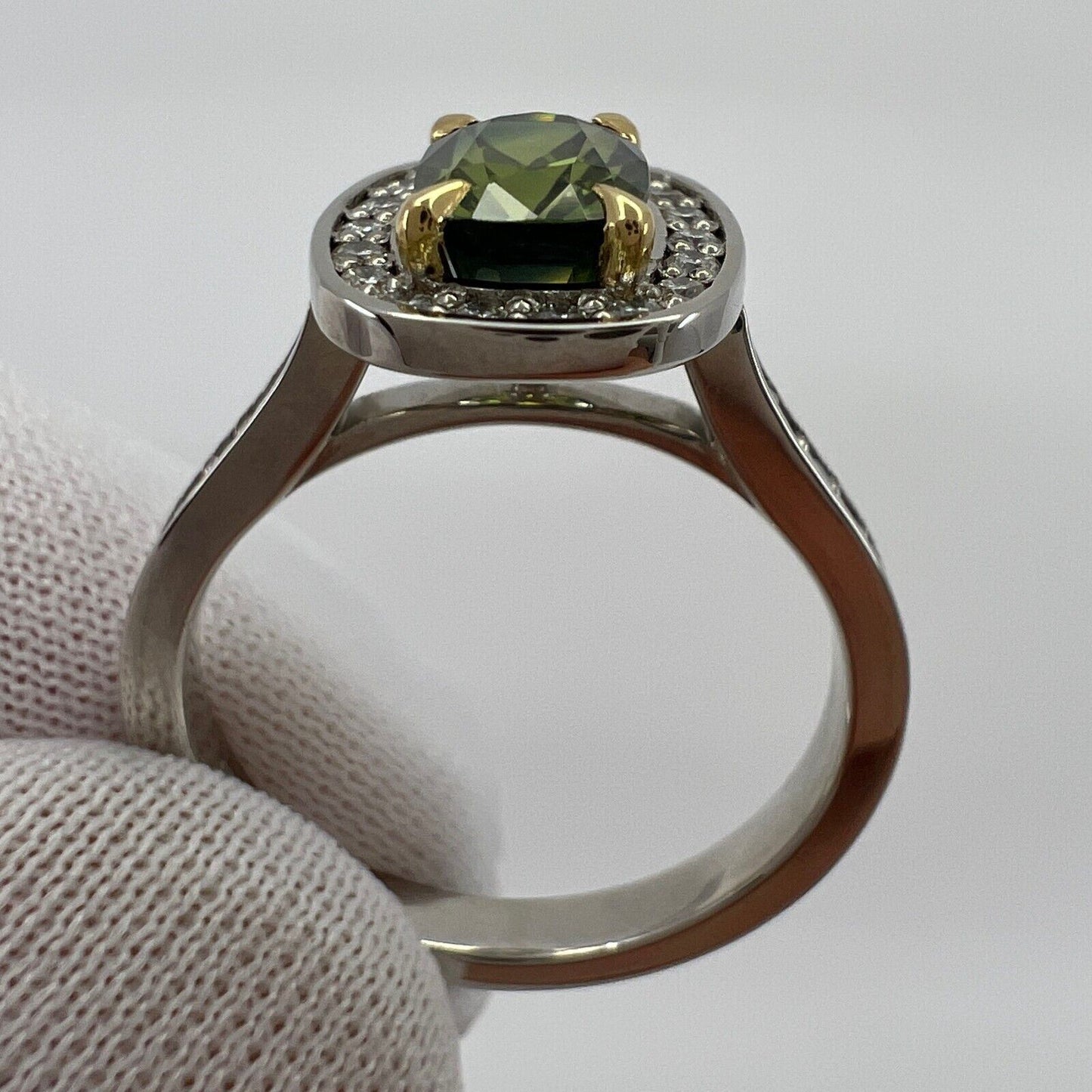 GIA Certified Untreated Vivid Green Thai Sapphire & Diamond 18k Gold Halo Ring