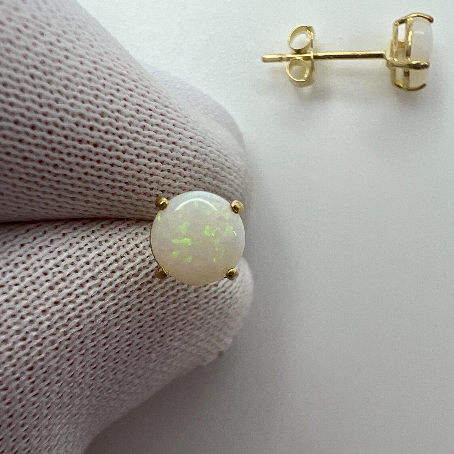 Natural White Opal Round Cabochon 9k Yellow Gold Stud Earrings Play of Colour