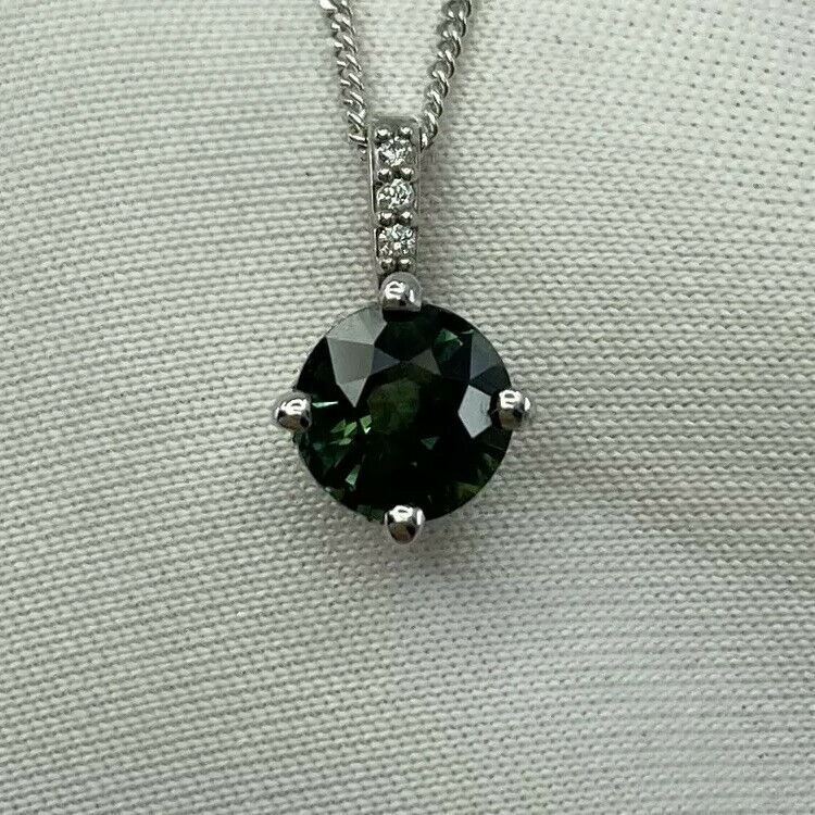 1.05ct UNTREATED Green Blue Sapphire 18k White Gold Diamond Surround Set Pendant