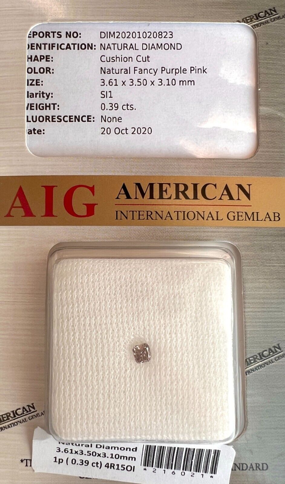 NATURAL Untreated Fancy Purple Pink Diamond 0.39ct AIG CERTIFIED Blister SI1 Cut