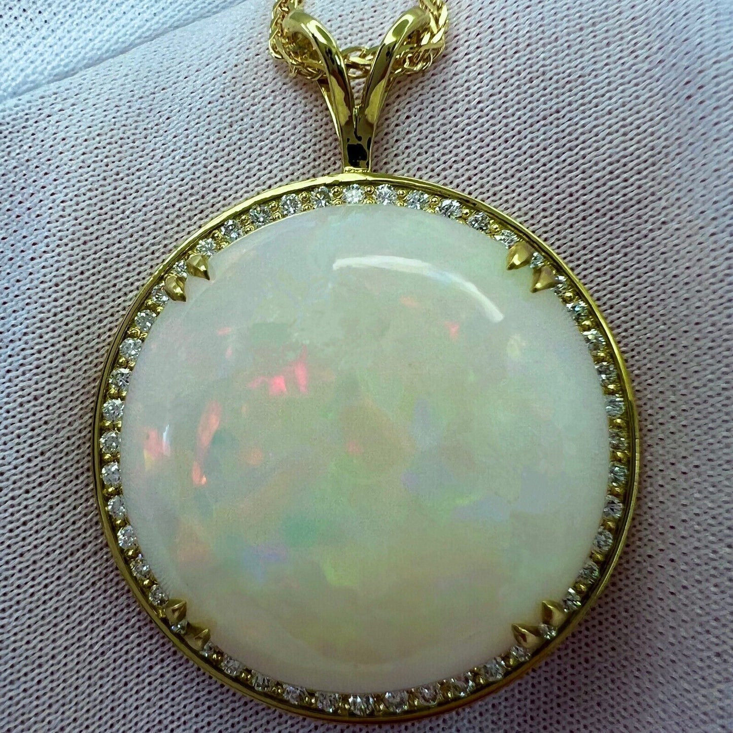 IGI Certified 33.17ct Fine White Opal & Diamond 18k Yellow Gold Pendant Necklace