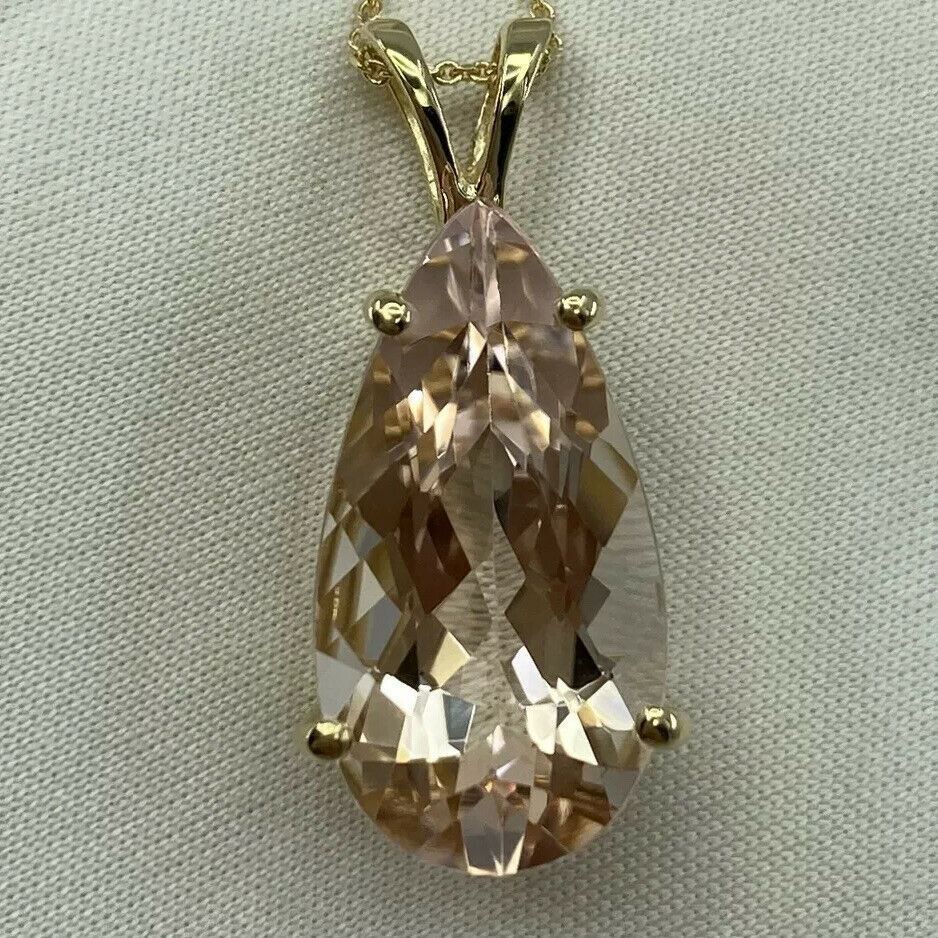 8.57ct FINE Peach Pink Morganite Pear Teardrop Cut Yellow Gold Pendant Necklace