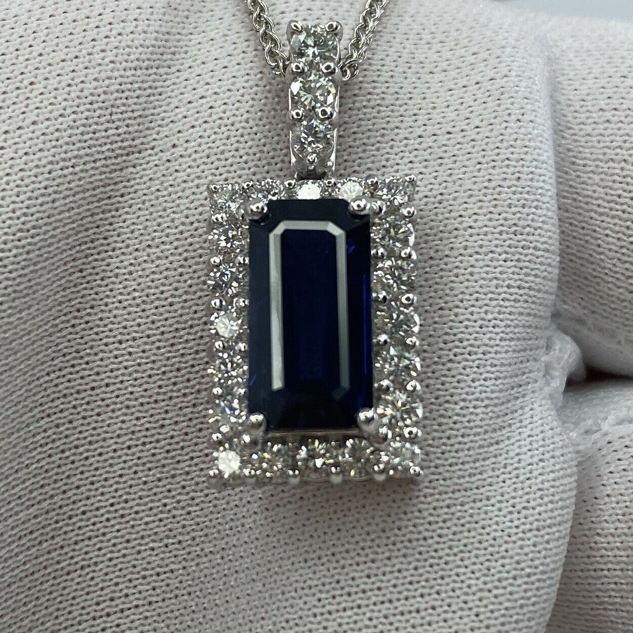 FINE 4.65ct Royal Blue Emerald Cut Sapphire & Diamond Rectangle Platinum Pendant
