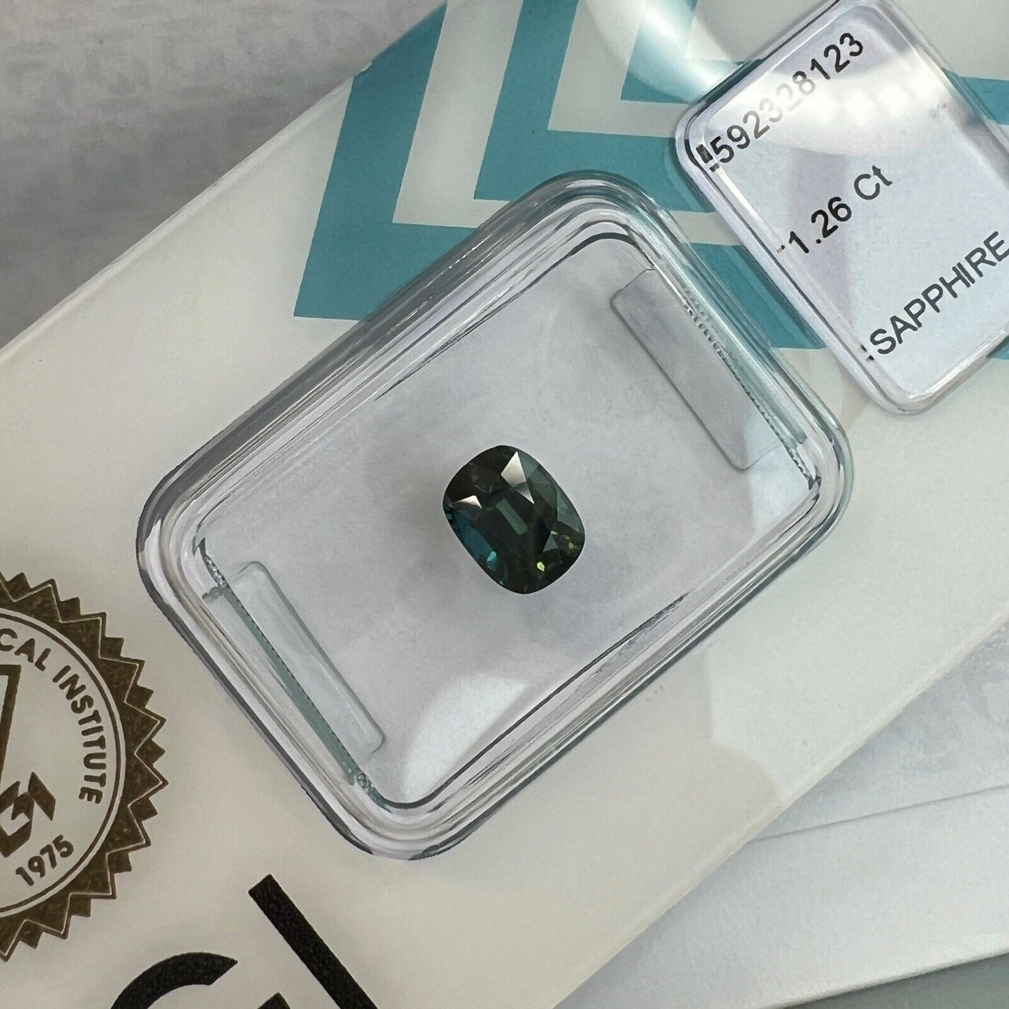 IGI CERTIFIED 1.26ct NATURAL Deep Green Blue Teal Sapphire Unheated Cushion Cut