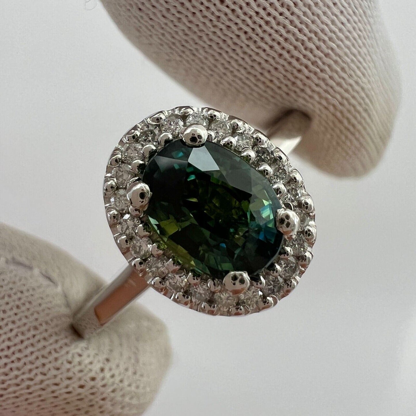 GIA CERTIFIED Bi Colour No Heat Green Blue Sapphire & Diamond Platinum Halo Ring