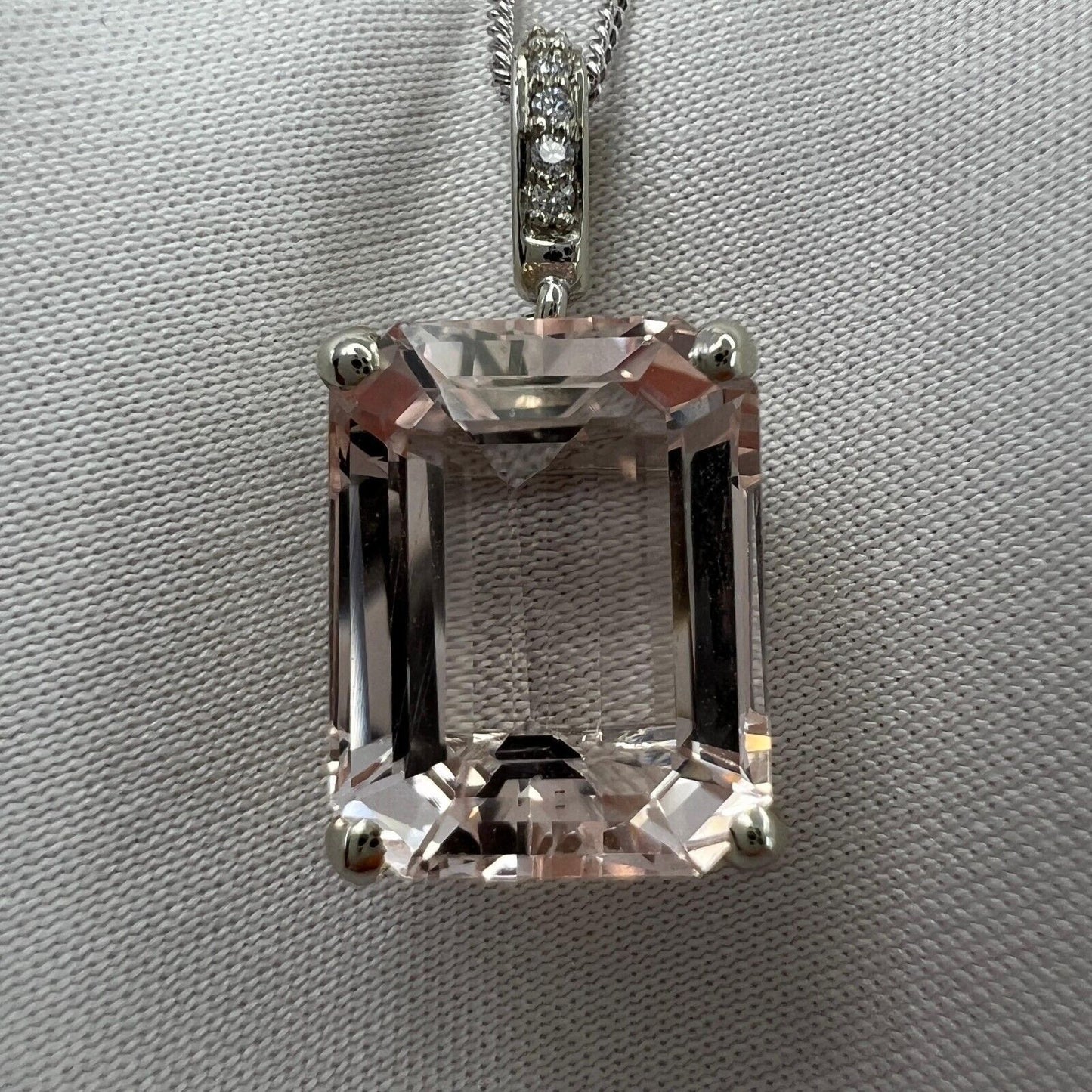 6 Carat Peach Morganite & Diamond Emerald Cut 18k White Gold Pendant Necklace