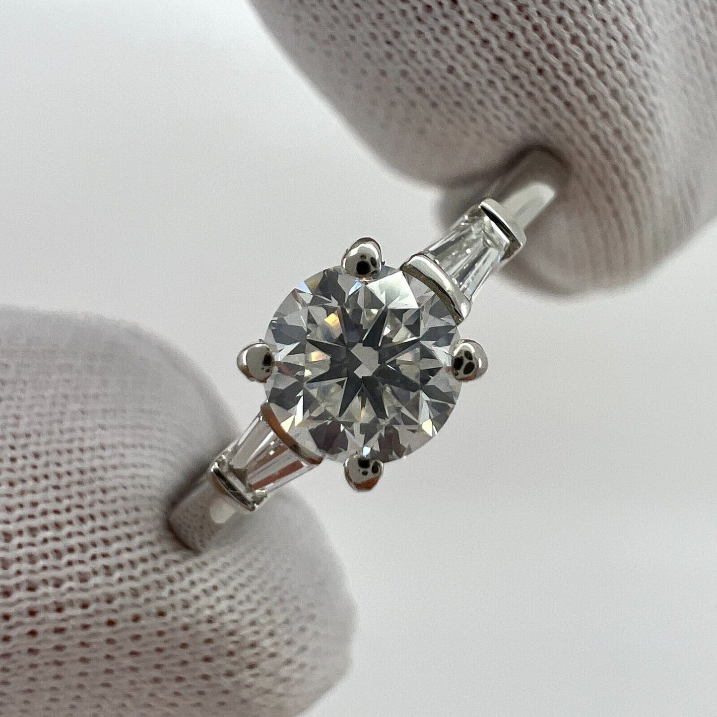 Fine 0.62ct Natural White Diamond Platinum Round Tapered Baguette Cut Three Stone Ring