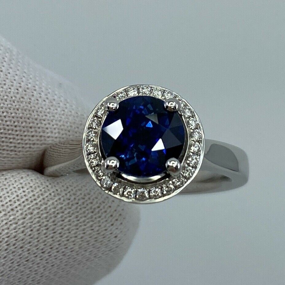 2.50ct Carat FINE Ceylon Blue Sapphire And Diamond 18k White Gold Halo Ring