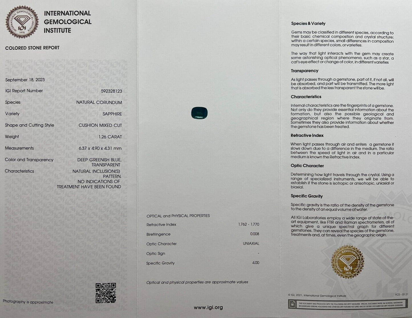 IGI CERTIFIED 1.26ct NATURAL Deep Green Blue Teal Sapphire Unheated Cushion Cut