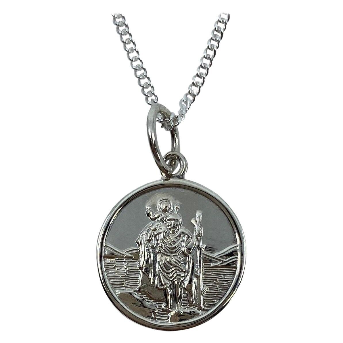 Sterling Silver St. Christopher Medium Round Pendant 16mm Curb Chain Necklace