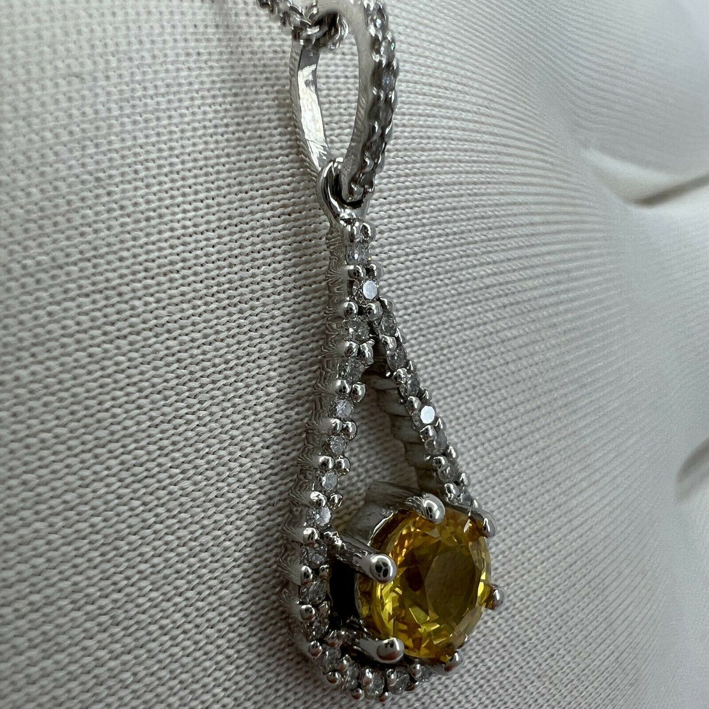 Certified UNTREATED Vivid Yellow Sapphire & Diamond 18k White Gold Pendant