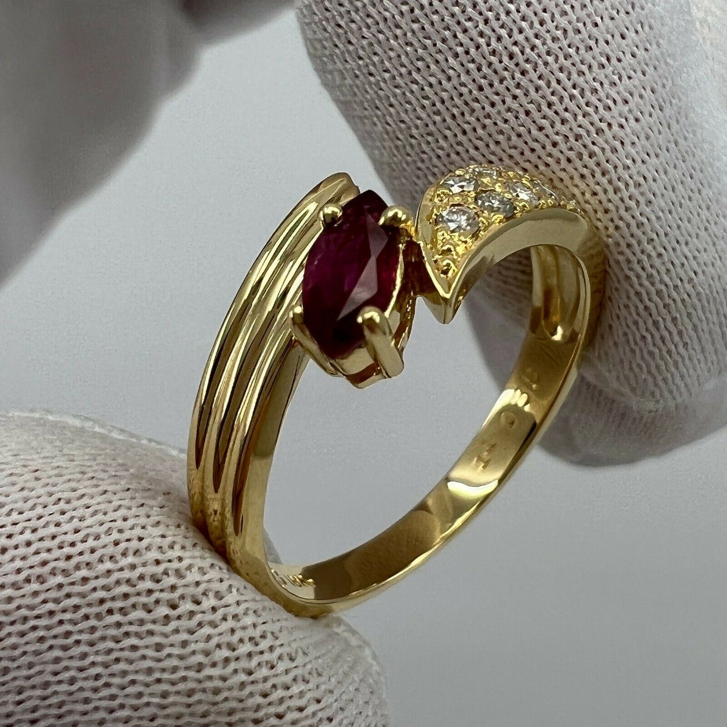 Deep Red Marquise Cut Ruby & Pave Diamond 18k Yellow Gold Cluster Fancy Ring