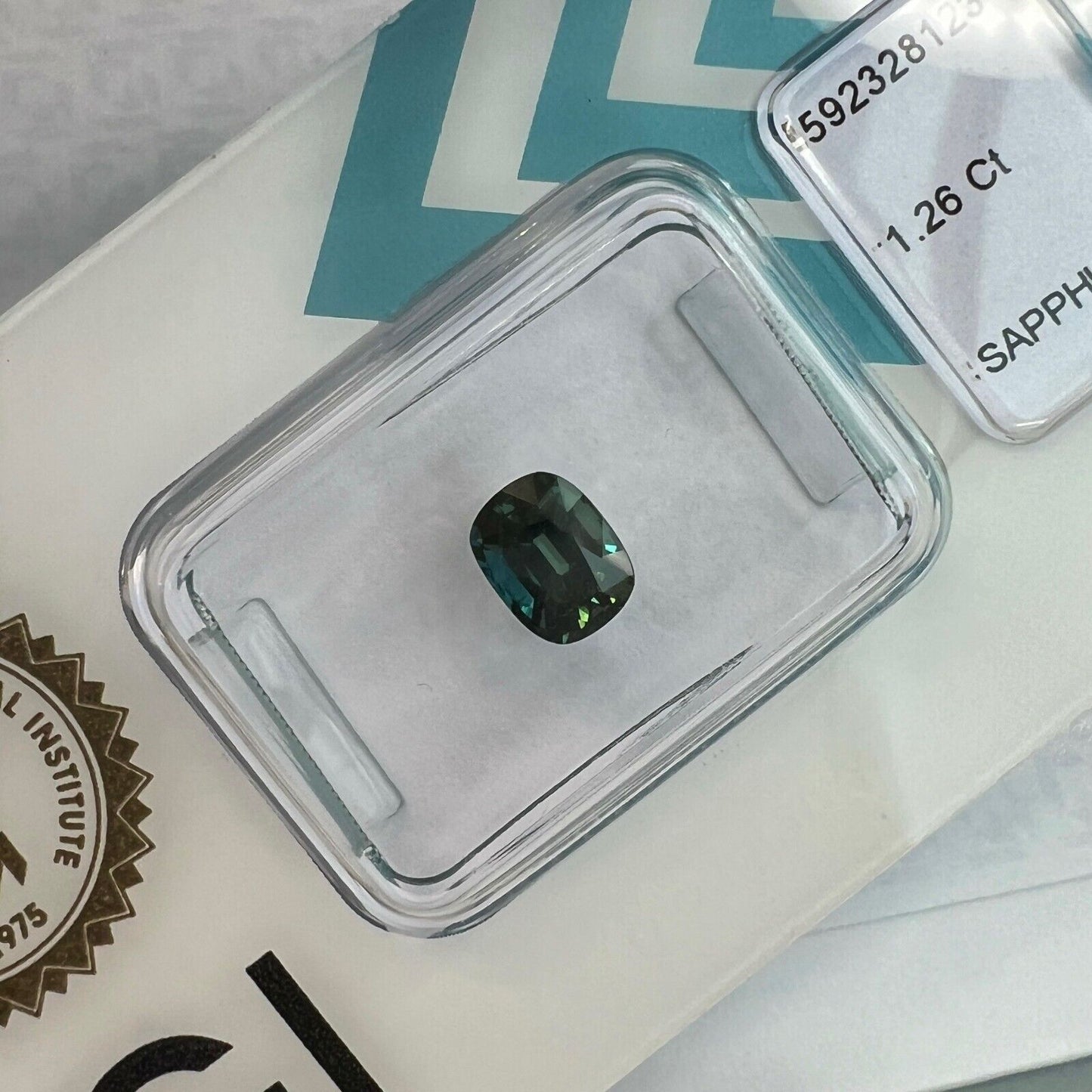 IGI CERTIFIED 1.26ct NATURAL Deep Green Blue Teal Sapphire Unheated Cushion Cut