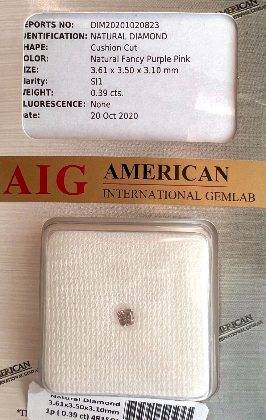 NATURAL Untreated Fancy Purple Pink Diamond 0.39ct AIG CERTIFIED Blister SI1 Cut