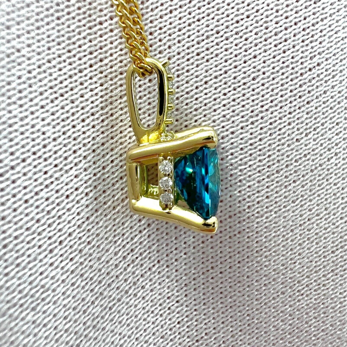 1.65ct Natural Blue Zircon Fancy Cut 18k Yellow Gold Diamond Hidden Halo Pendant