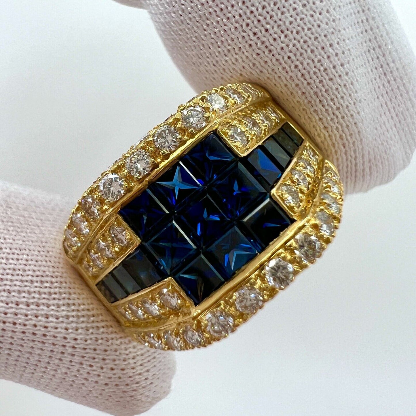 3.80ct Vintage French Mystery Set Blue Sapphire Diamond 18k Yellow Gold Ring