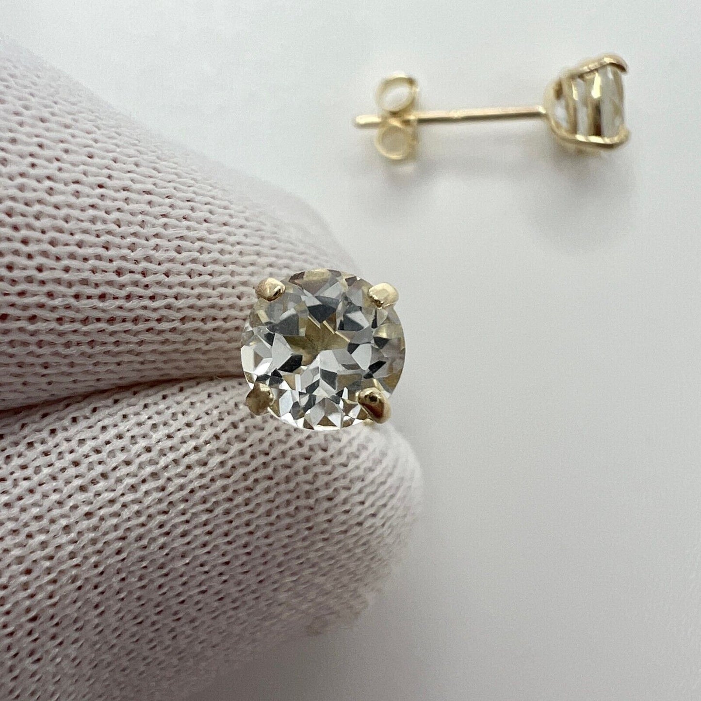 NATURAL White Topaz Round Cut 1.15ct 9k Yellow Gold Stud Earrings 5mm