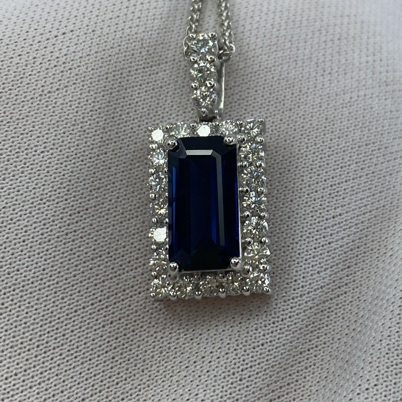 FINE 4.65ct Royal Blue Emerald Cut Sapphire & Diamond Rectangle Platinum Pendant
