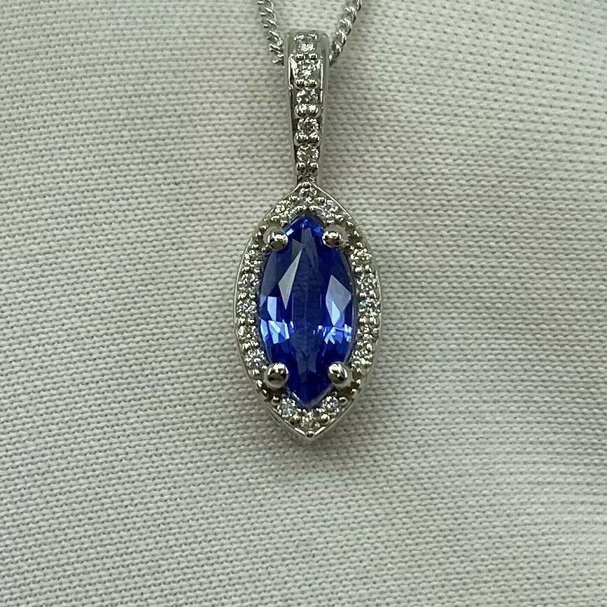 Fine CORNFLOWER Blue Ceylon Sapphire & Diamond Marquise Platinum Halo Pendant
