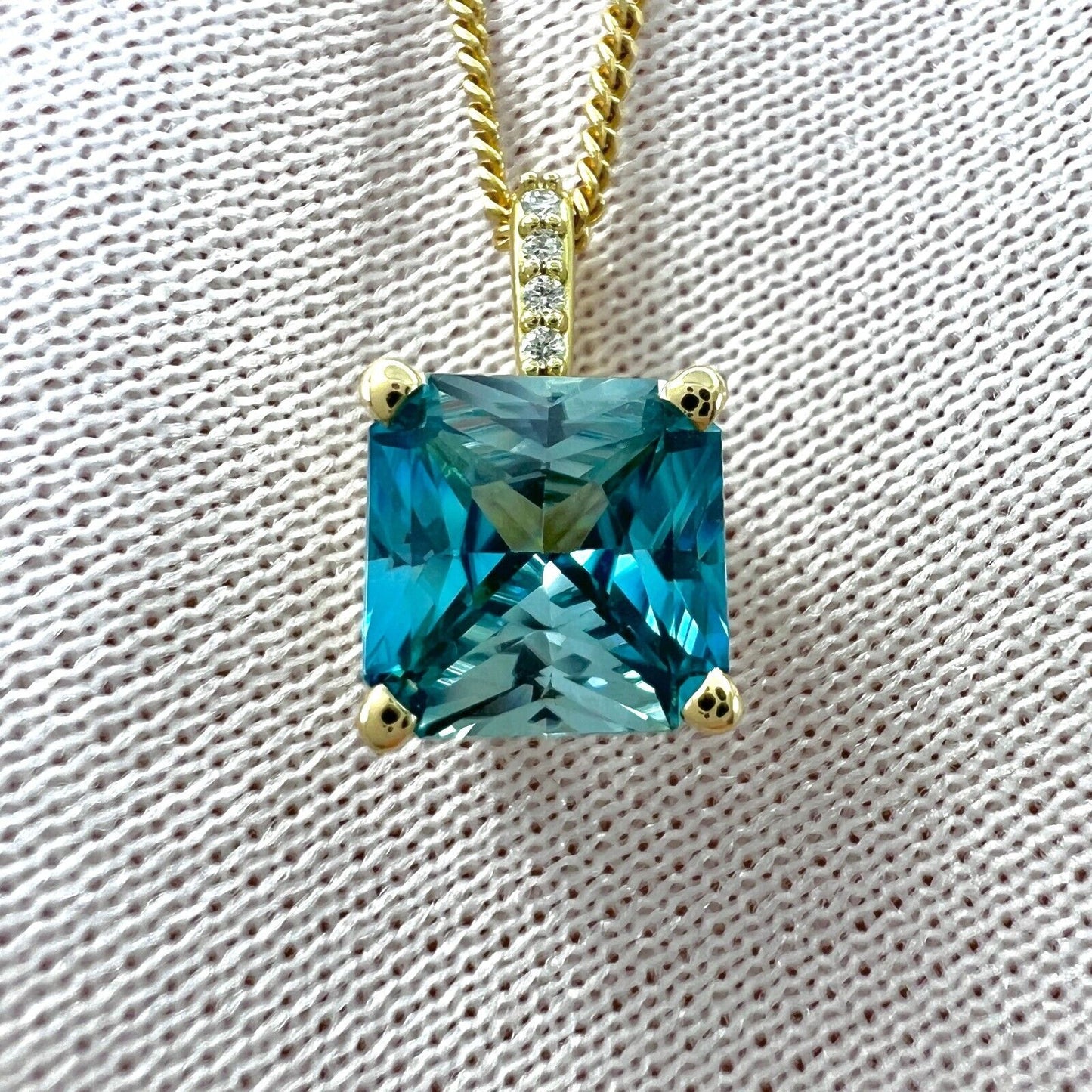 1.65ct Natural Blue Zircon Fancy Cut 18k Yellow Gold Diamond Hidden Halo Pendant