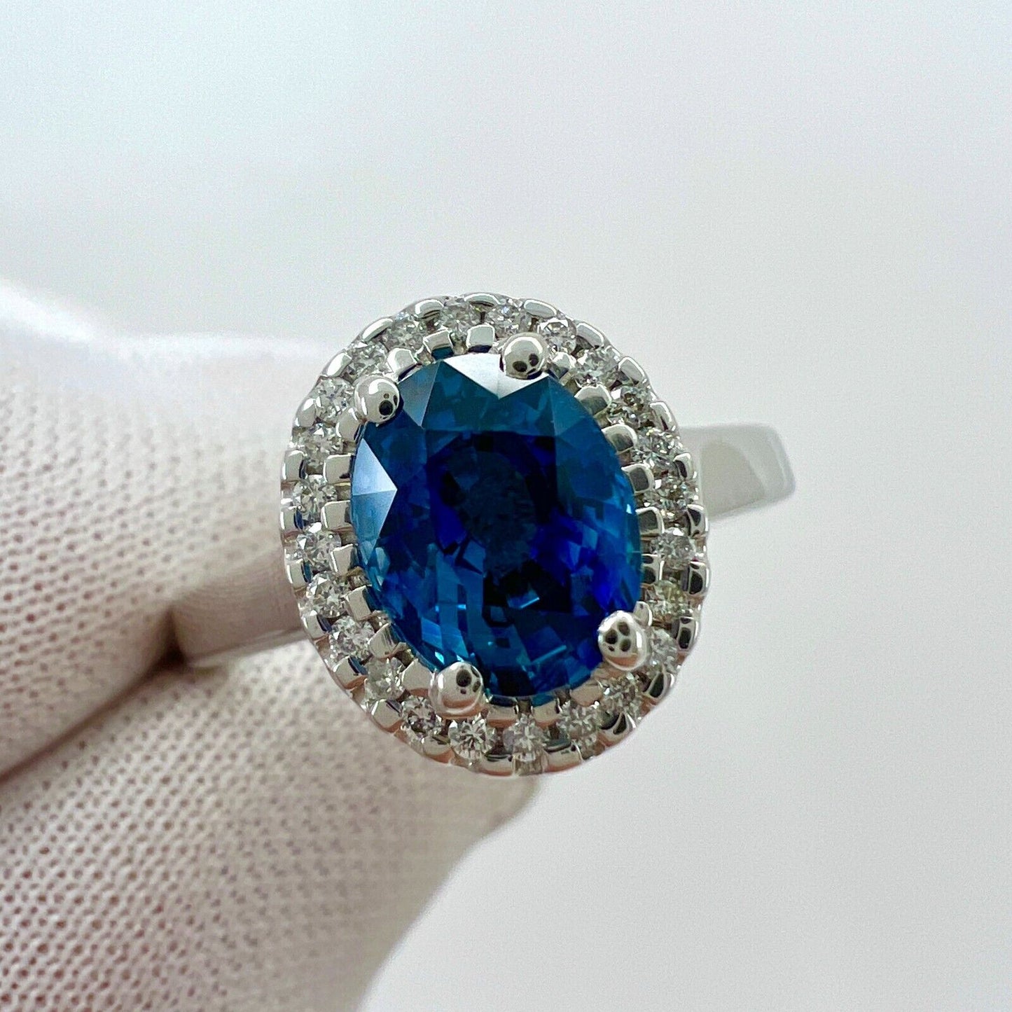 1.56 Carat Fine Vivid Blue Ceylon Sapphire And Diamond 18k White Gold Halo Ring