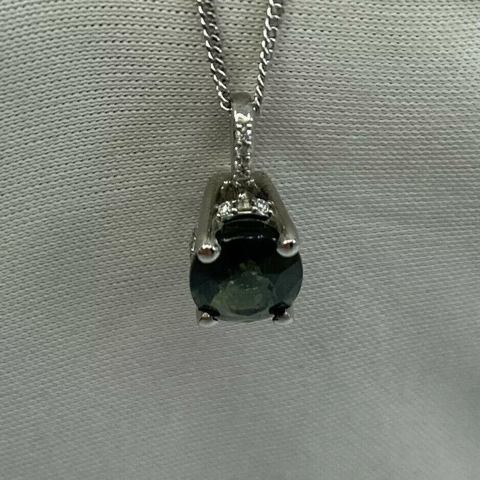 1.70ct DEEP Green Blue Sapphire 18k White Gold Diamond Surround Pendant Necklace