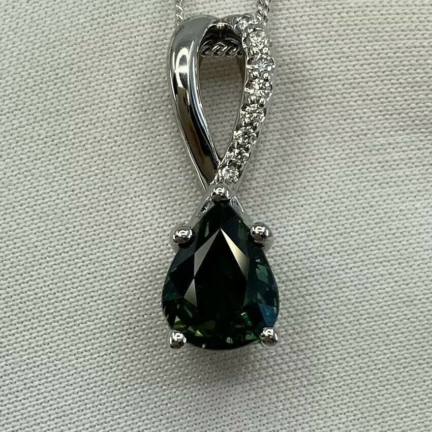1.50ct Australia Green Blue Natural Sapphire Diamond 18k White Gold Pendant