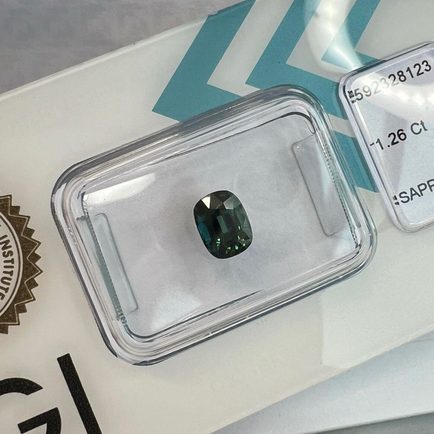 IGI CERTIFIED 1.26ct NATURAL Deep Green Blue Teal Sapphire Unheated Cushion Cut