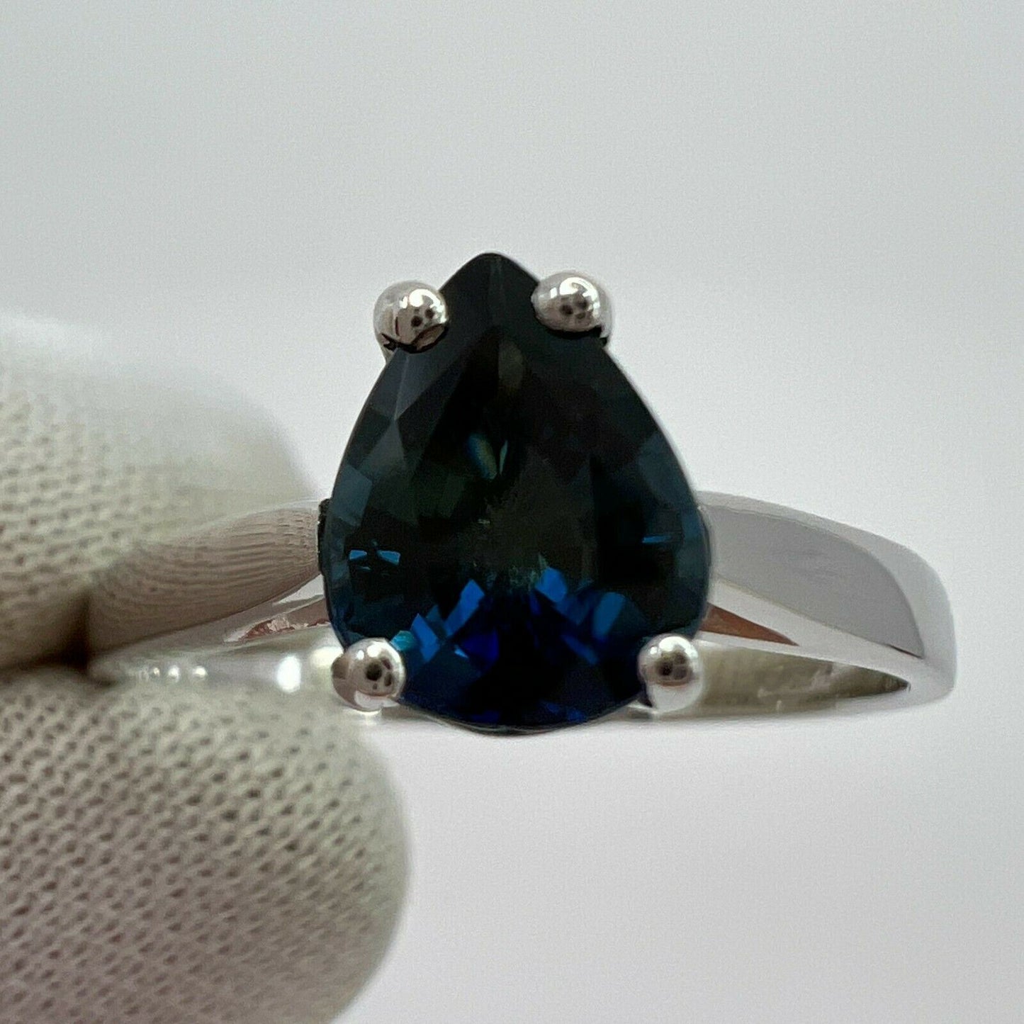 1.30ct Royal Blue Australian Sapphire Pear Cut 18k White Gold Solitaire Ring