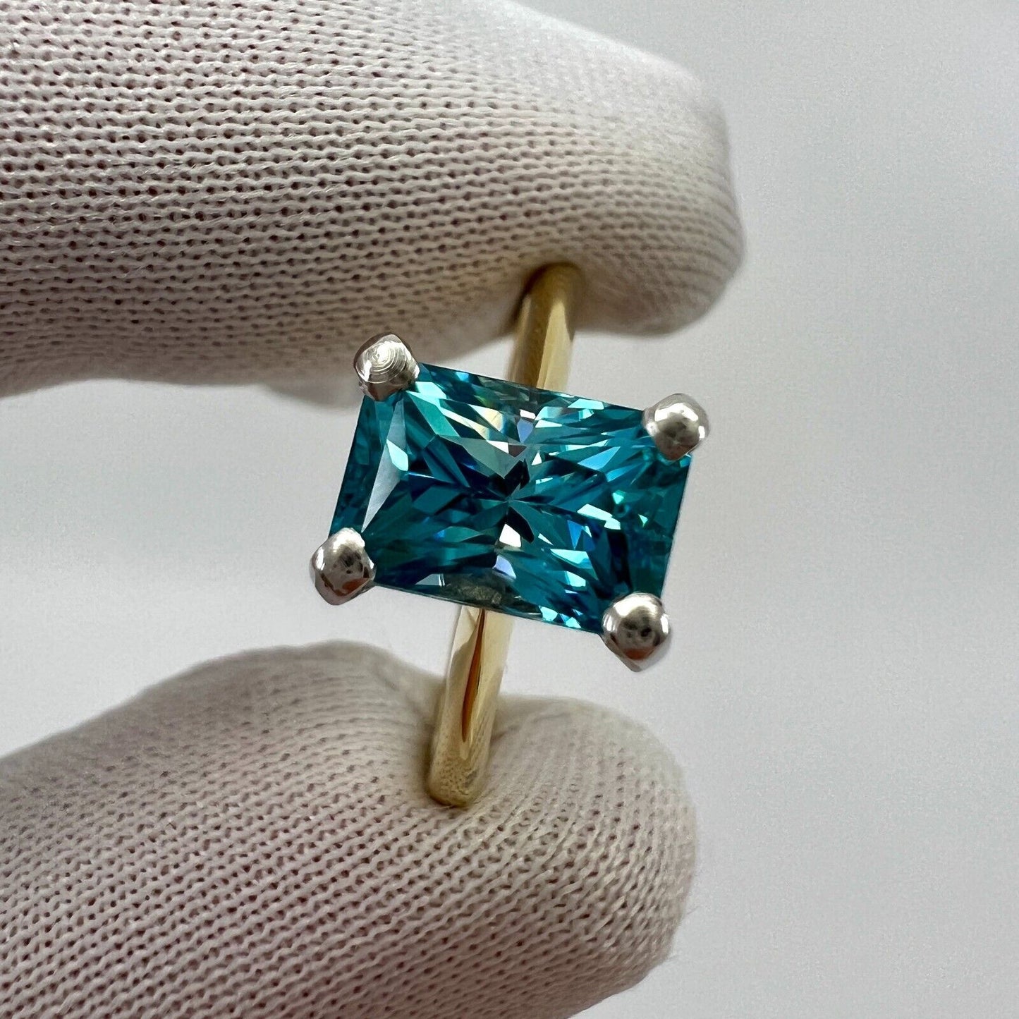 2.47ct Vivid Blue Zircon Fancy Emerald Radiant Cut 18k Gold Solitaire Ring