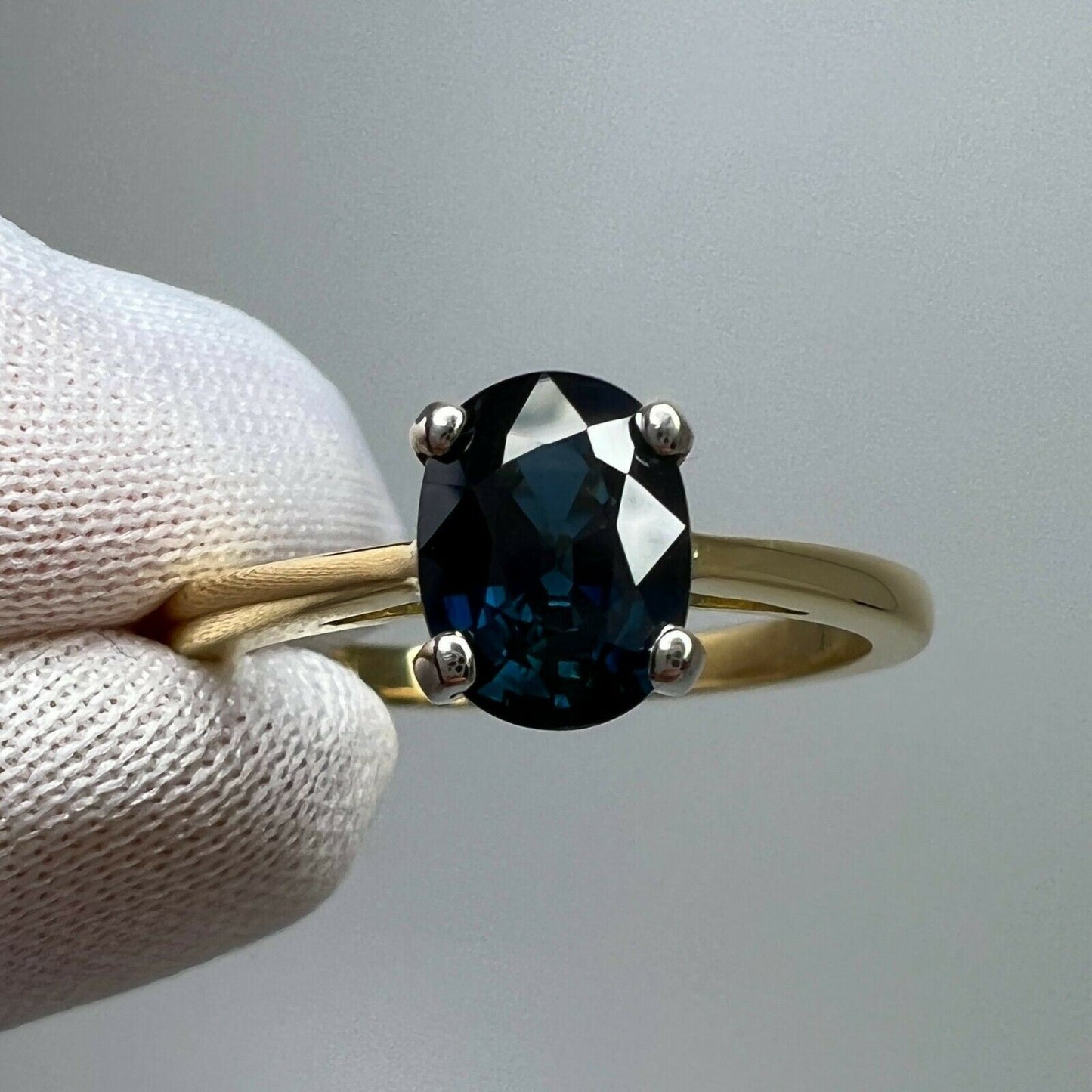 FINE 1.47ct Teal Blue Sapphire Oval Cut 18k Yellow & White Gold Solitaire Ring