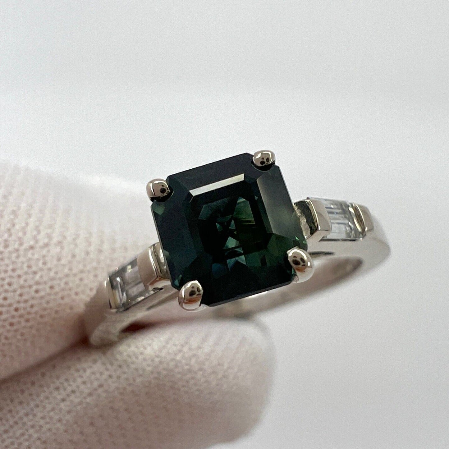 GIA Certified Untreated Asscher Sapphire Diamond 18k White Gold Three Stone Ring