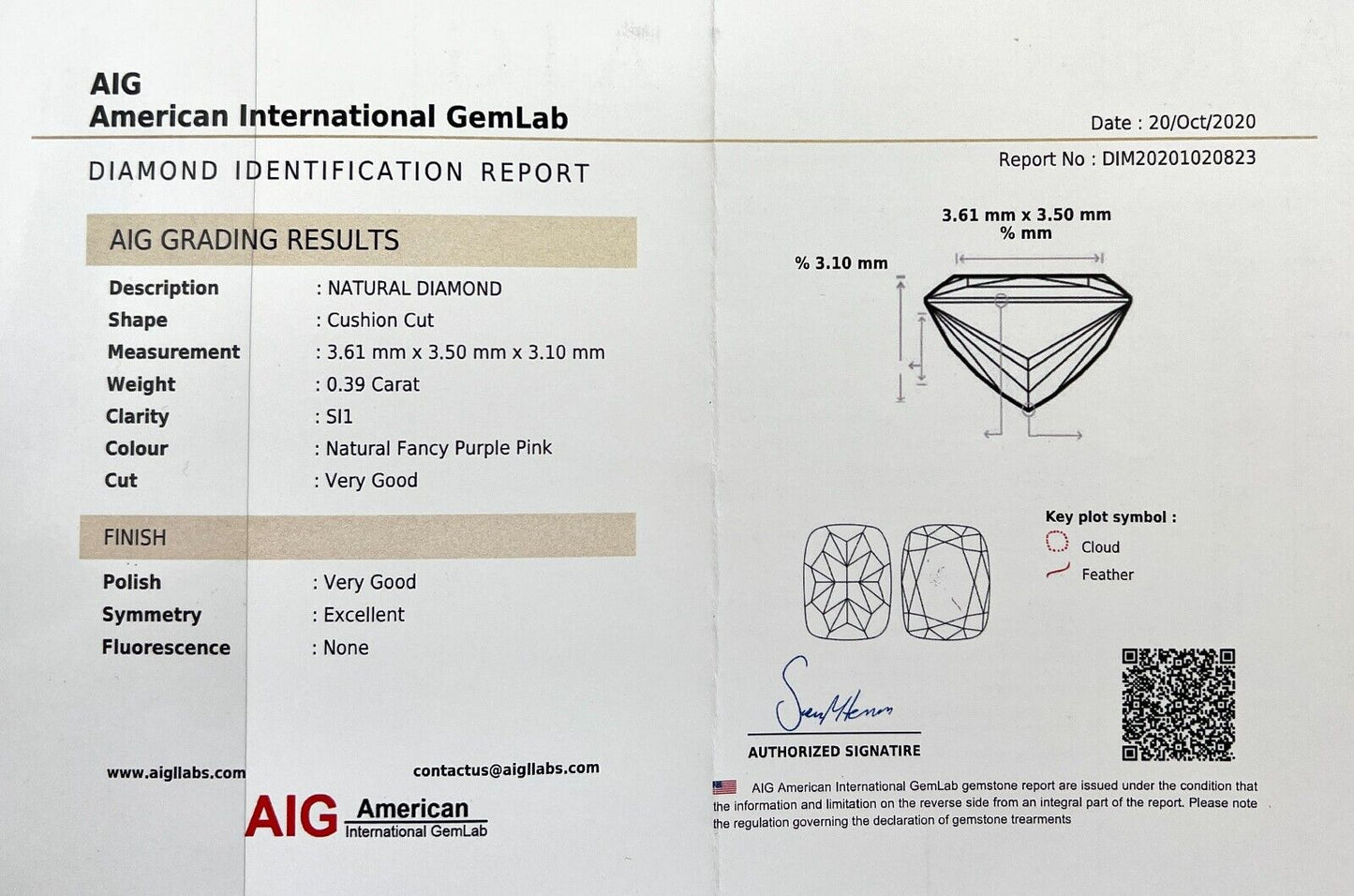 NATURAL Untreated Fancy Purple Pink Diamond 0.39ct AIG CERTIFIED Blister SI1 Cut