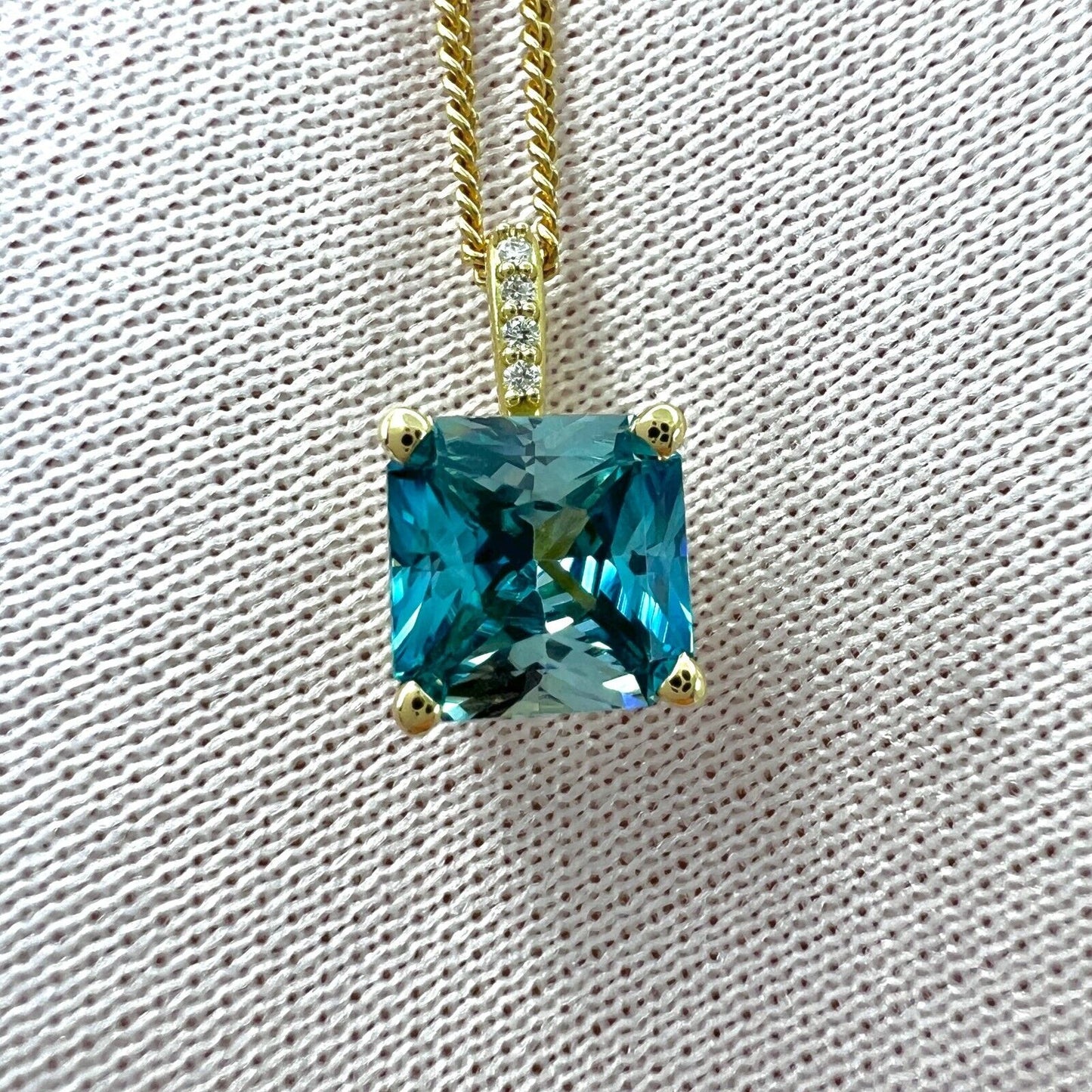 1.65ct Natural Blue Zircon Fancy Cut 18k Yellow Gold Diamond Hidden Halo Pendant