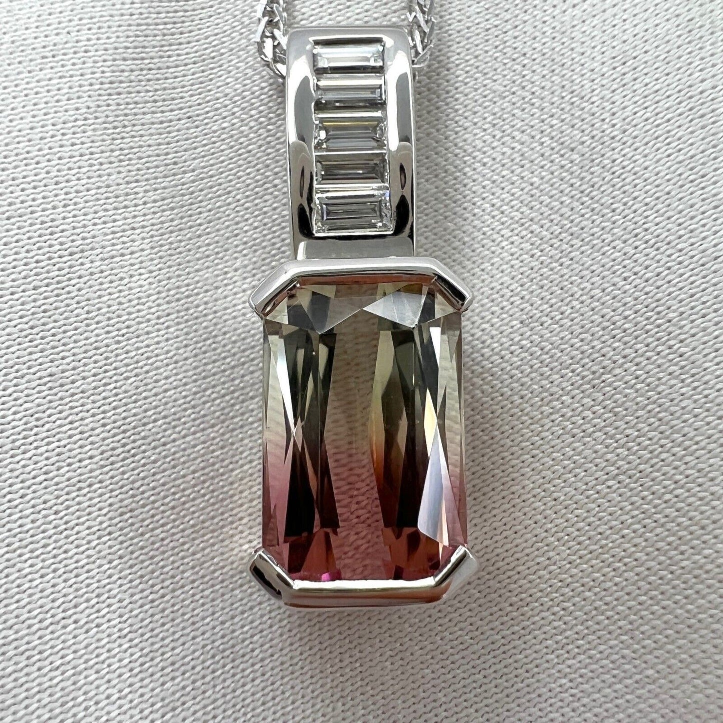 Unique 4 Carat Fancy Watermelon Tourmaline & Diamond 18k White Gold Pendant