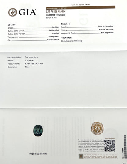 NATURAL 1.37ct GIA Certified Green Blue UNTREATED Sapphire Cushion Cut 6.7x5.5mm