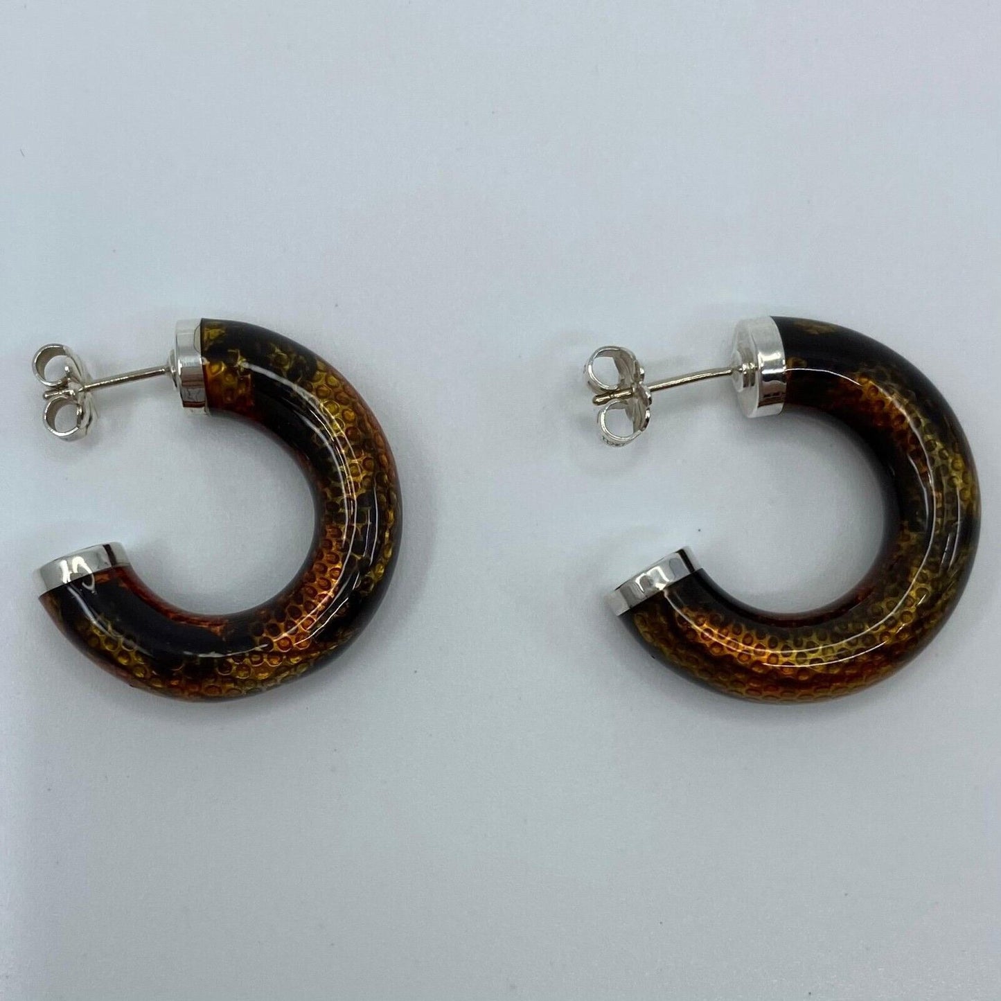 Rare Tiffany & Co. Italian Made Snakeskin Pattern Enamel Silver Hoop Earrings