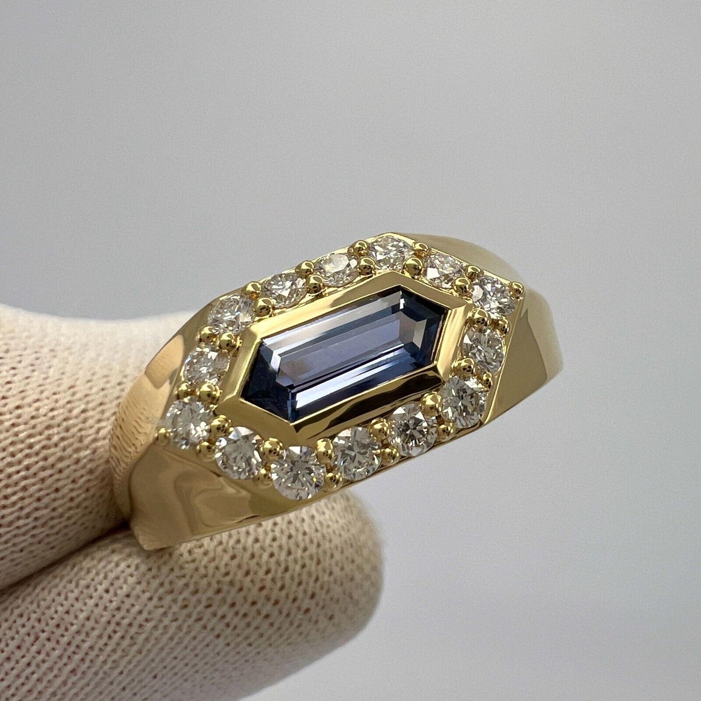 1.03ct Fancy Pentagon Ceylon Blue Sapphire & Diamond 18k Gold Halo Signet Ring