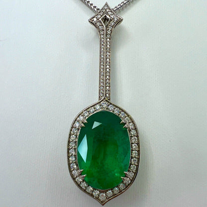 12.23ct GIA Certified RARE Russian Emerald & Diamond 18k White Gold Halo Pendant