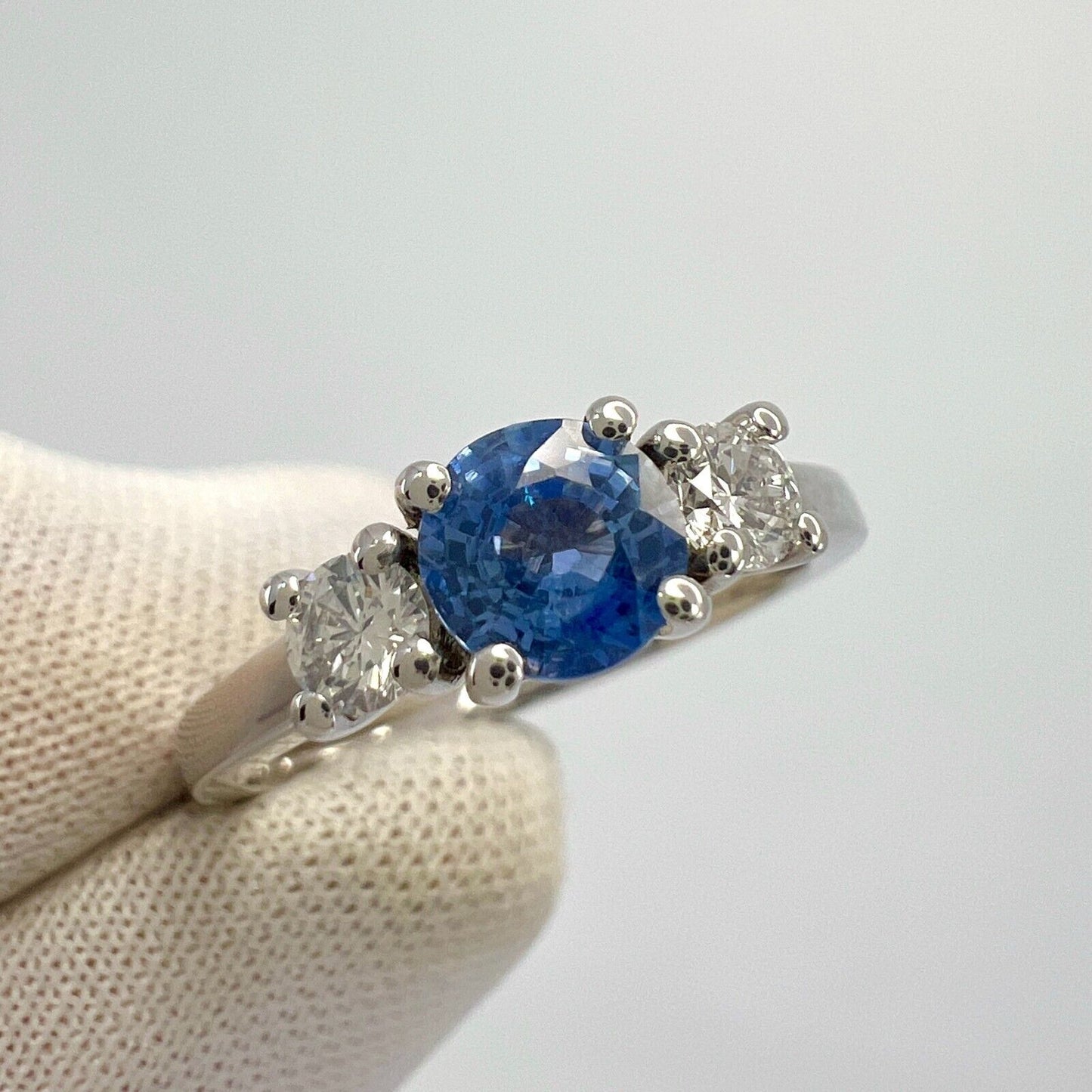 Natural Vivid Blue Round Ceylon Sapphire & Diamond White Gold Three Stone Ring