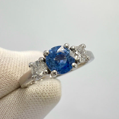 Natural Vivid Blue Round Ceylon Sapphire & Diamond White Gold Three Stone Ring