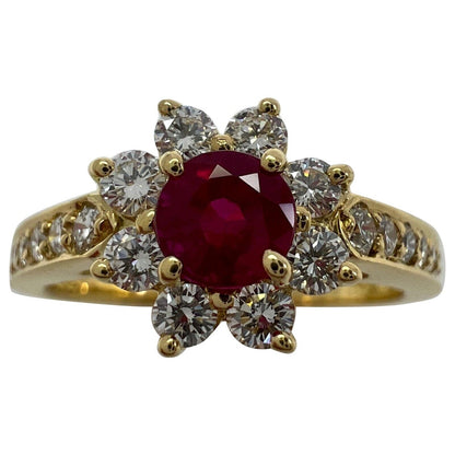 Vintage Tiffany & Co. Red Ruby & Diamond Flower 18k Yellow Gold Cluster Ring