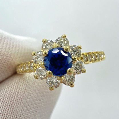 Tiffany & Co. Cornflower Blue Round Sapphire Diamond Flower 18k Yellow Gold Ring