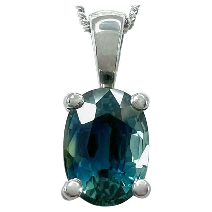 1.37 Carat Teal Blue Green Sapphire Platinum Oval Cut Solitaire Pendant Necklace